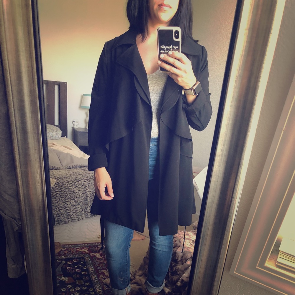 Black trench coat with tie belt